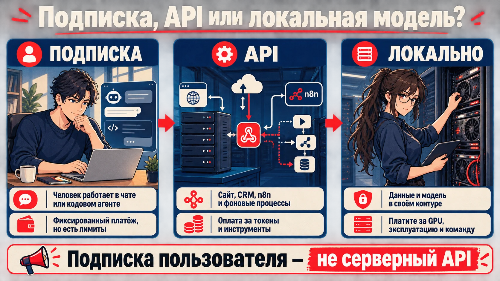Сравнение подписки, API и локального запуска модели ИИ для AI-агента