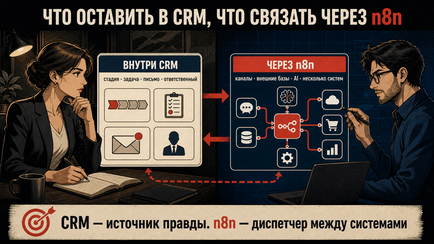 Граница между штатной автоматизацией CRM и n8n: внутренние действия остаются в CRM, внешние каналы, базы и AI связывает n8n