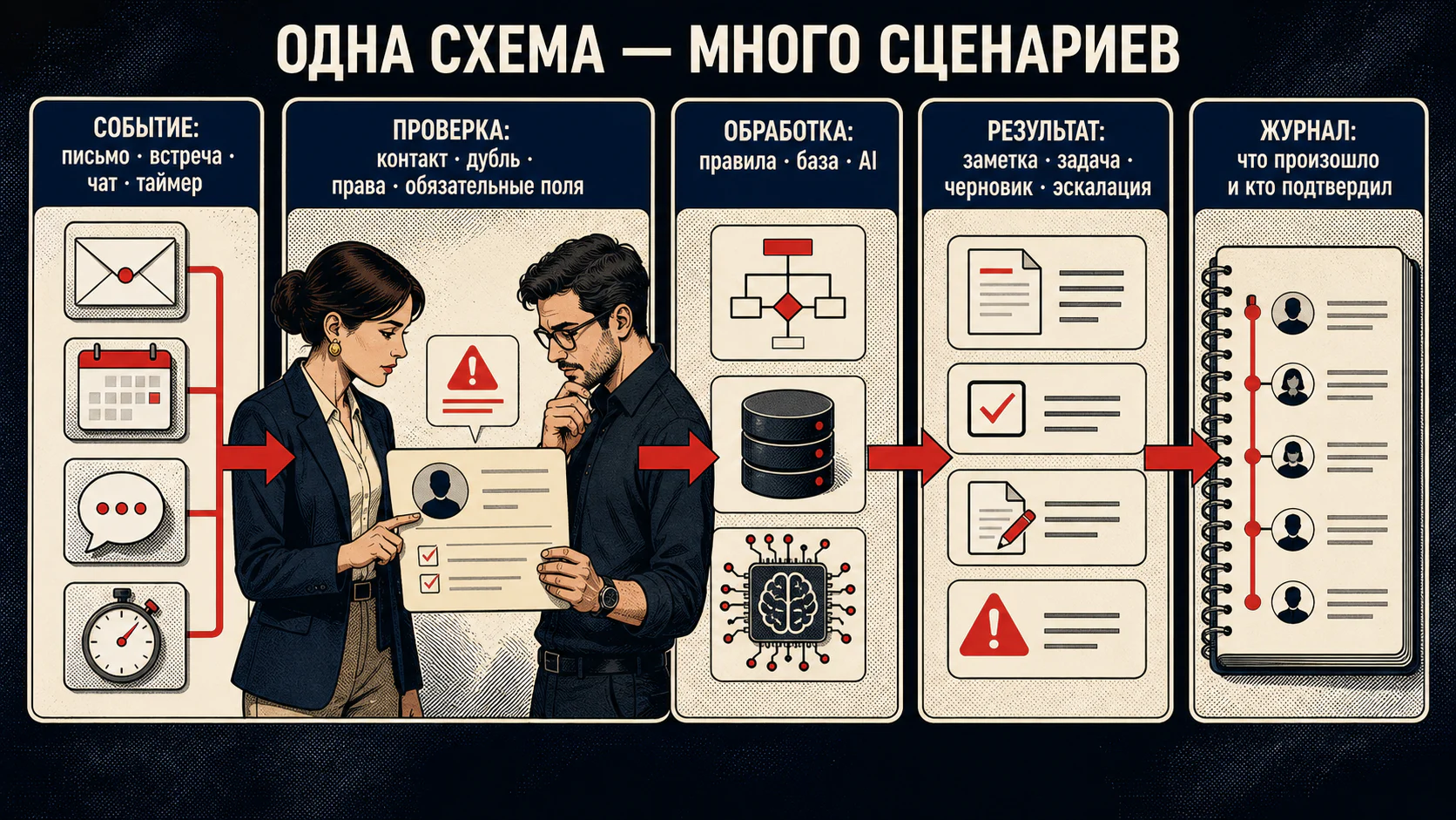 Архитектура CRM-автоматизации в n8n от события и проверки до обработки, записи результата и журнала