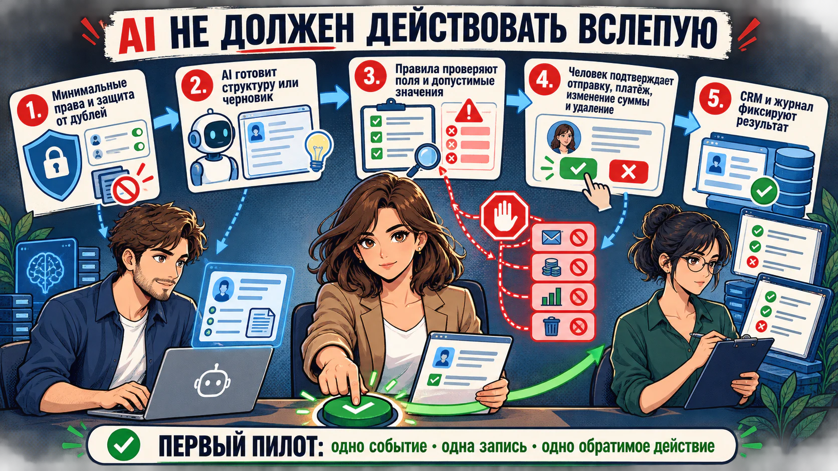 Безопасный AI-контур для CRM: минимальные права, защита от дублей, черновик, проверка правил, подтверждение человеком и журнал