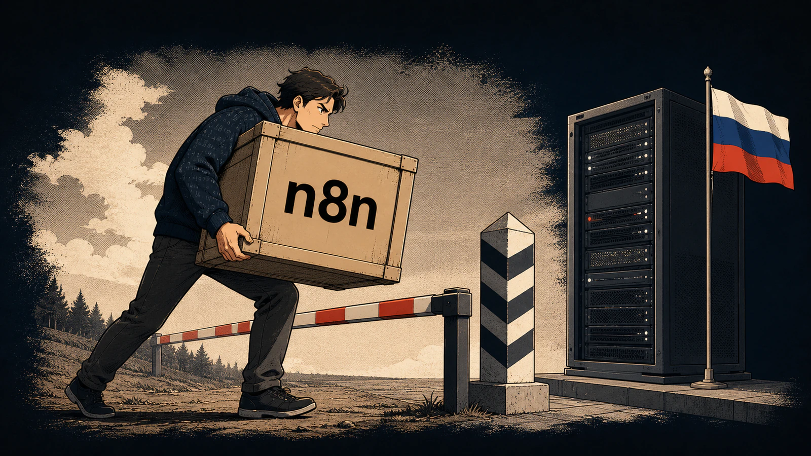 Предприниматель переносит тяжёлую коробку n8n через условную границу к серверу с флагом России