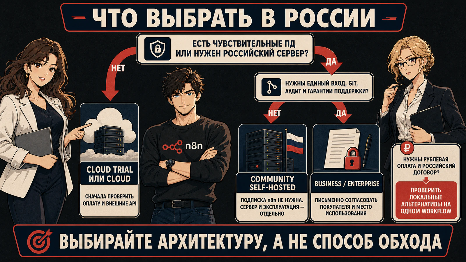 Дерево выбора n8n в России: Cloud trial, Community self-hosted, Business или Enterprise и российские альтернативы