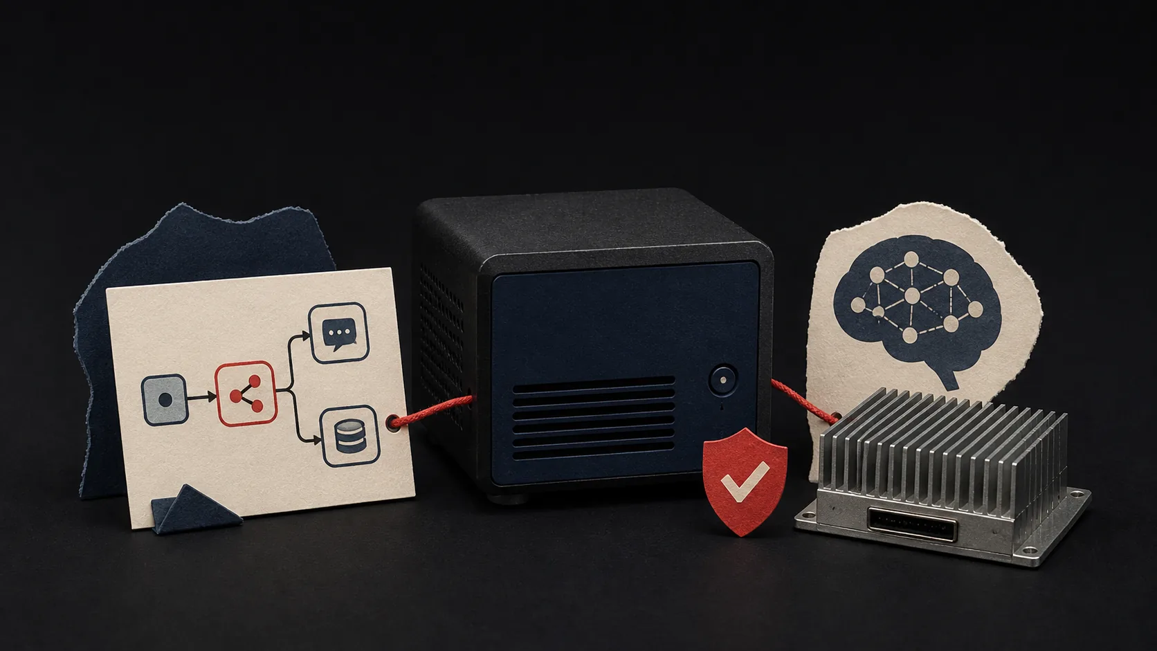 Сервер, карточка workflow и локальный вычислительный модуль в предметной иллюстрации self-hosted n8n