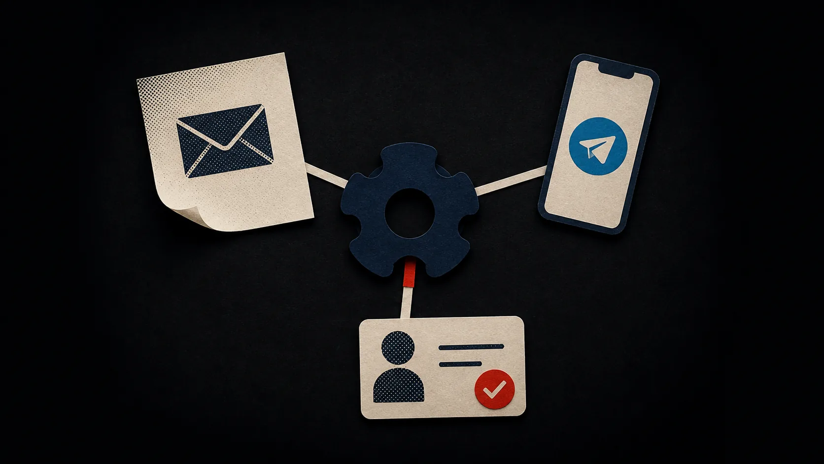 Почта, Telegram и карточка CRM соединены через центральный коннектор в предметной иллюстрации интеграций n8n