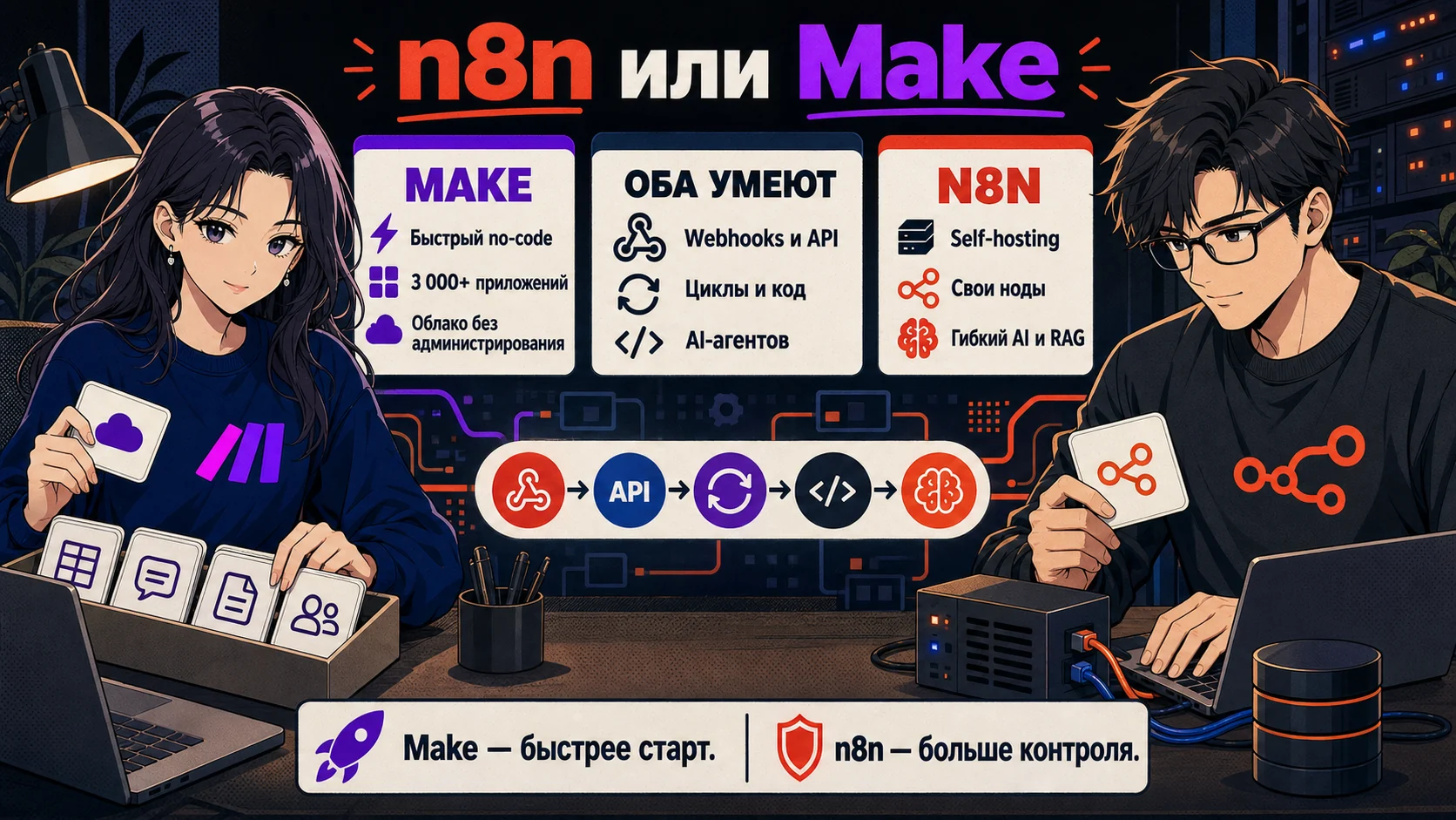 Сравнение Make и n8n: облачный no-code и готовые приложения против self-hosting, собственных нод и гибкого AI-контура